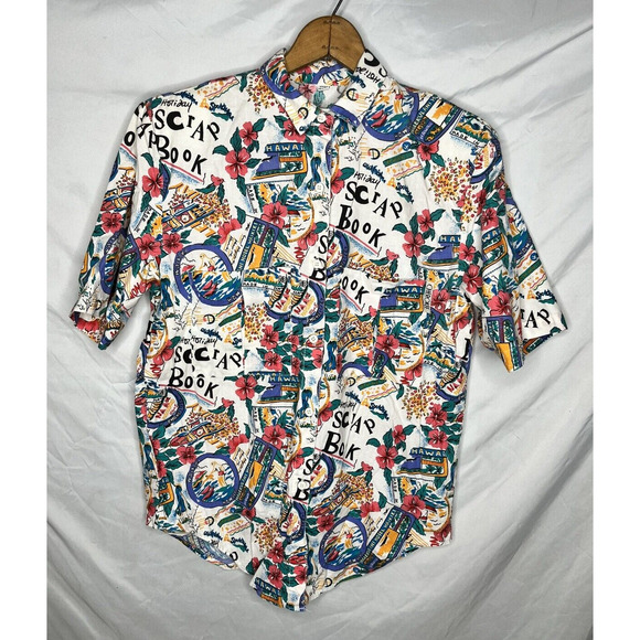 Camp Shirt Hawaii Vacay Scrap Book Travel Print Button Up Size M Vintage 1980s - Picture 2 of 10